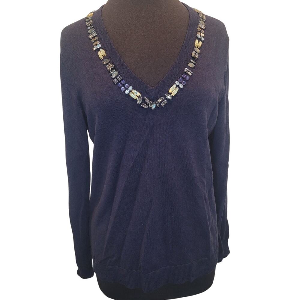 Tommy Bahama Pickford Embellished V Neck Sweater M Blue Luxe Resort Coastal Chic